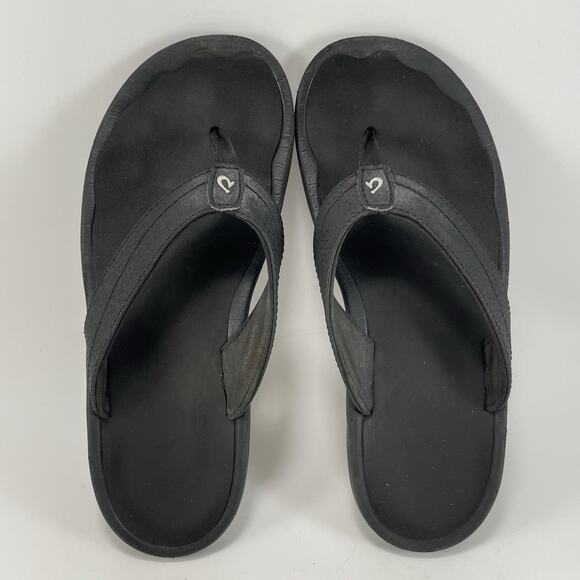 Olukai Ohana Leather Flip Flops Womens Size 8 Black Hawaiian Beach Sandals - Picture 5 of 9